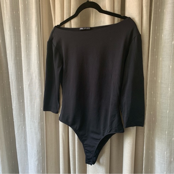 ZARA BLACK SCOOP NECK QUARTER SLEEVE BODYSUIT L - Picture 3 of 6